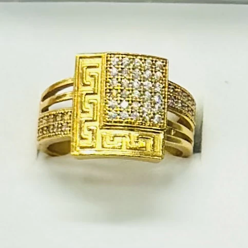 gold Greek Key cube engagement ring with diamonds.