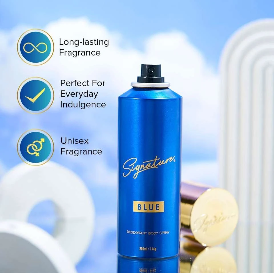 Signature Blue fragrance body spray.