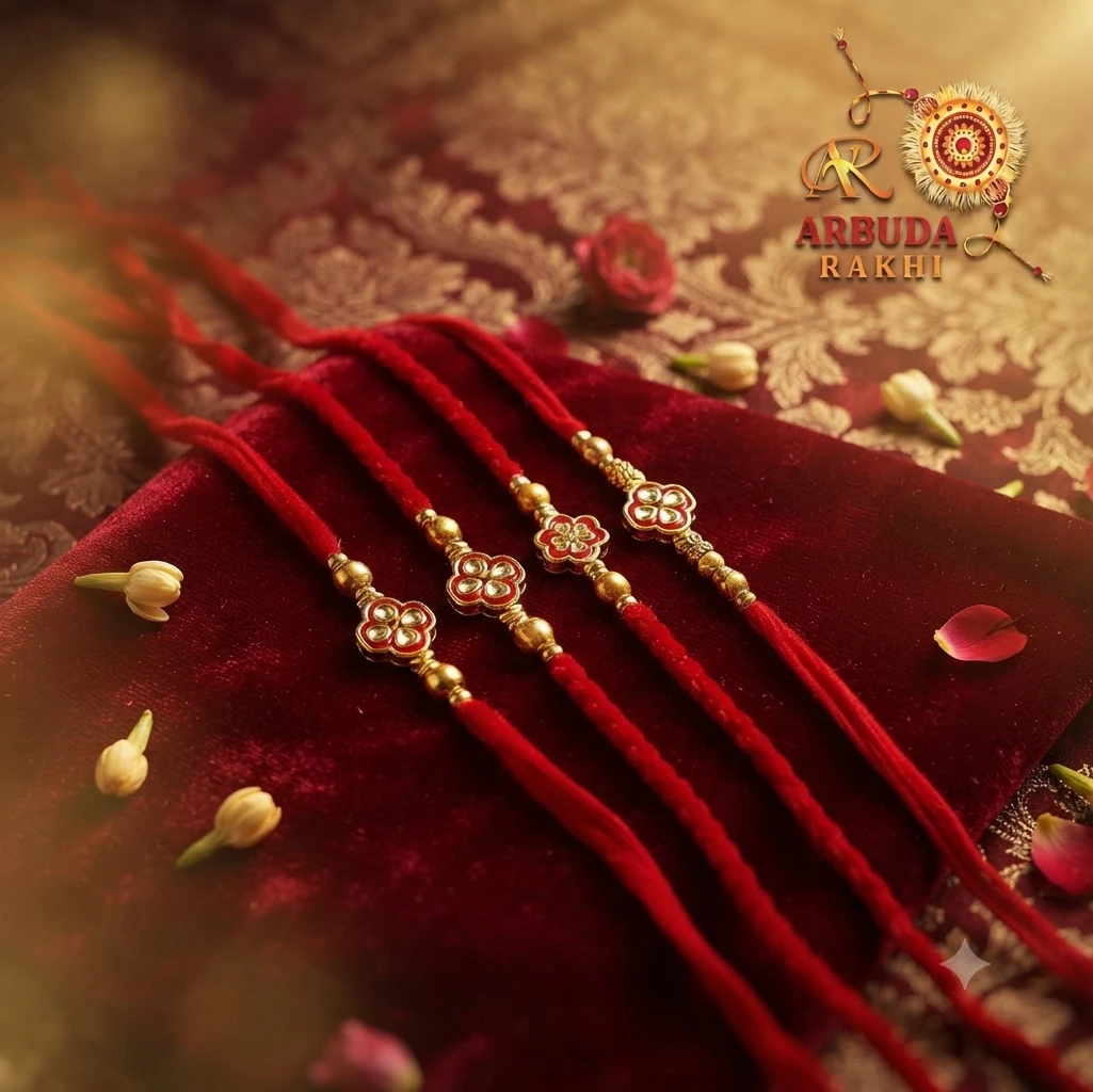 Red thread rakhis decorated with gold-toned charms.