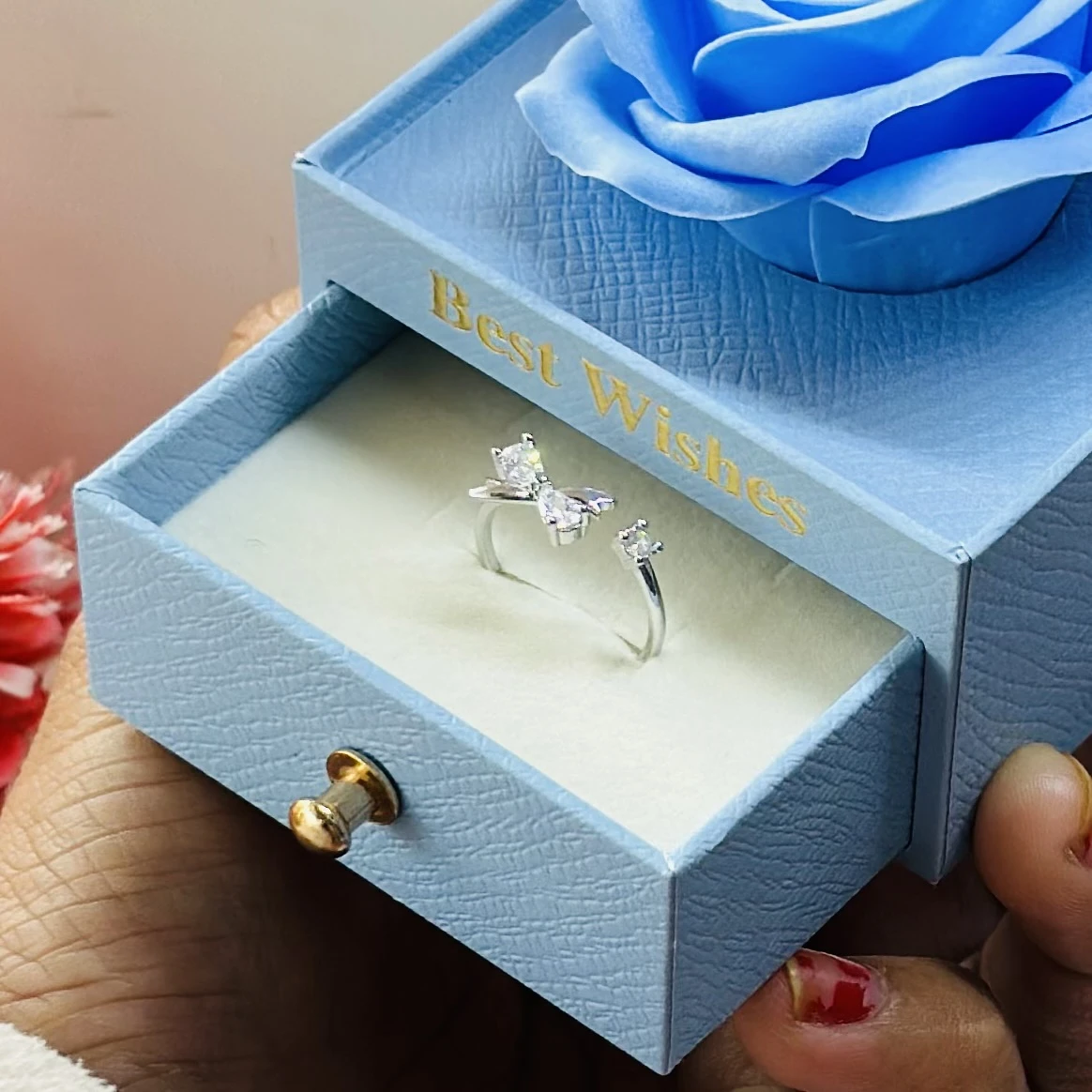 adjustable sterling silver double butterfly open ring with cubic zirconia stones.