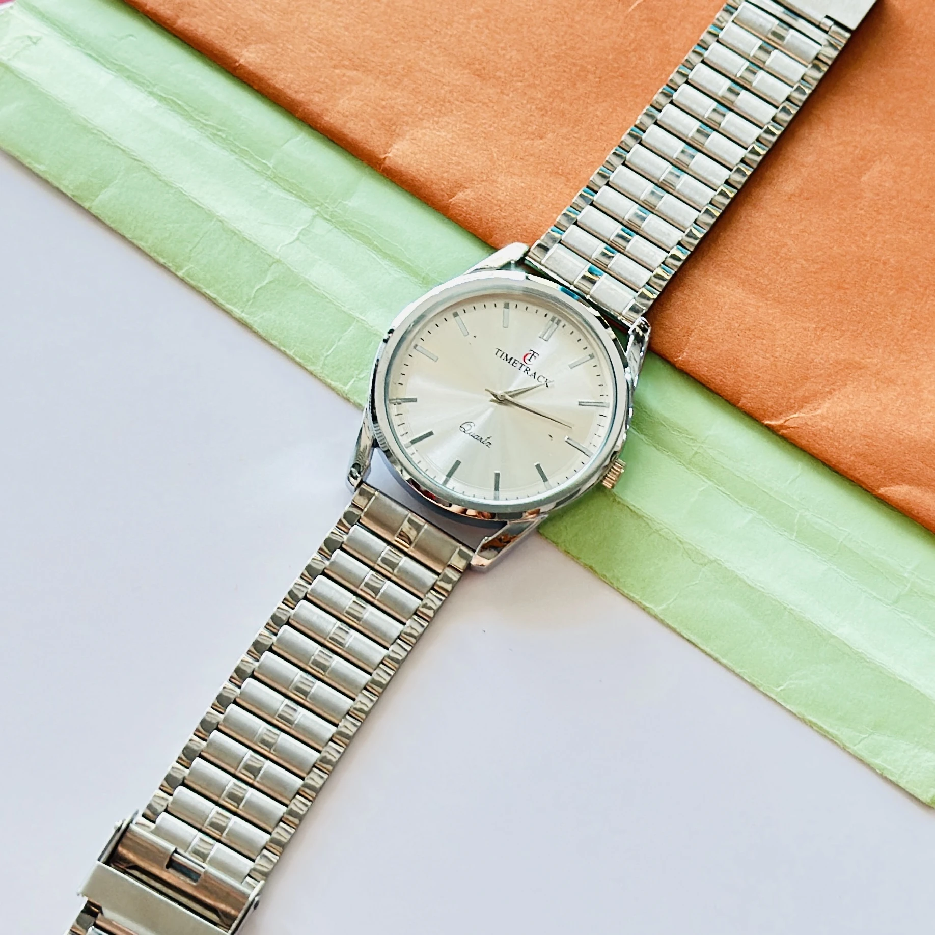 Time Track Men's Brass Silver Wrist Watch