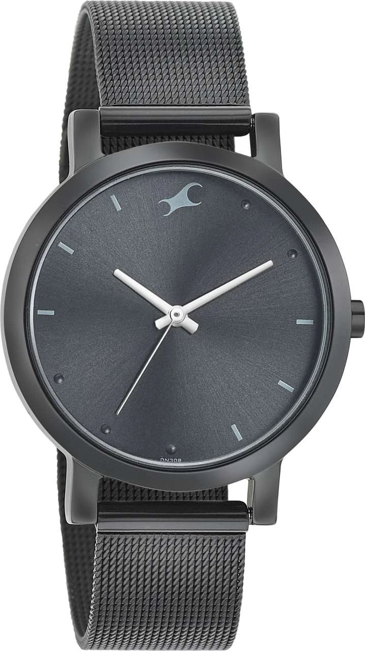 Fastrack Fleek Analog Watch featuring a sleek black dial and a matching black stainless steel mesh strap.