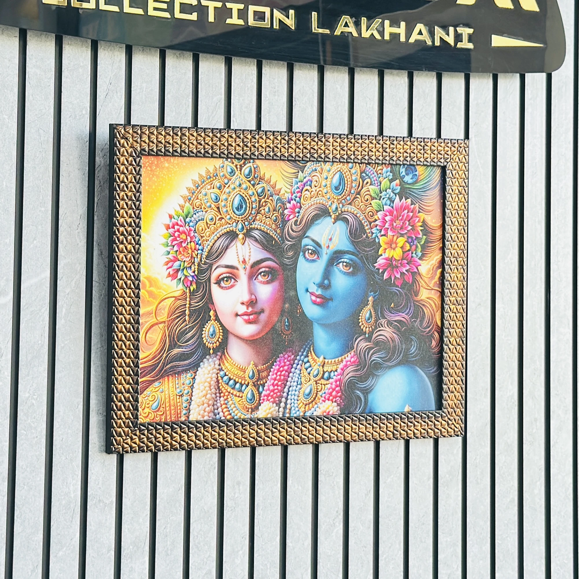 Radha Krishna wall painting (SKU CEVBF8 )featuring a synthetic or textured frame.