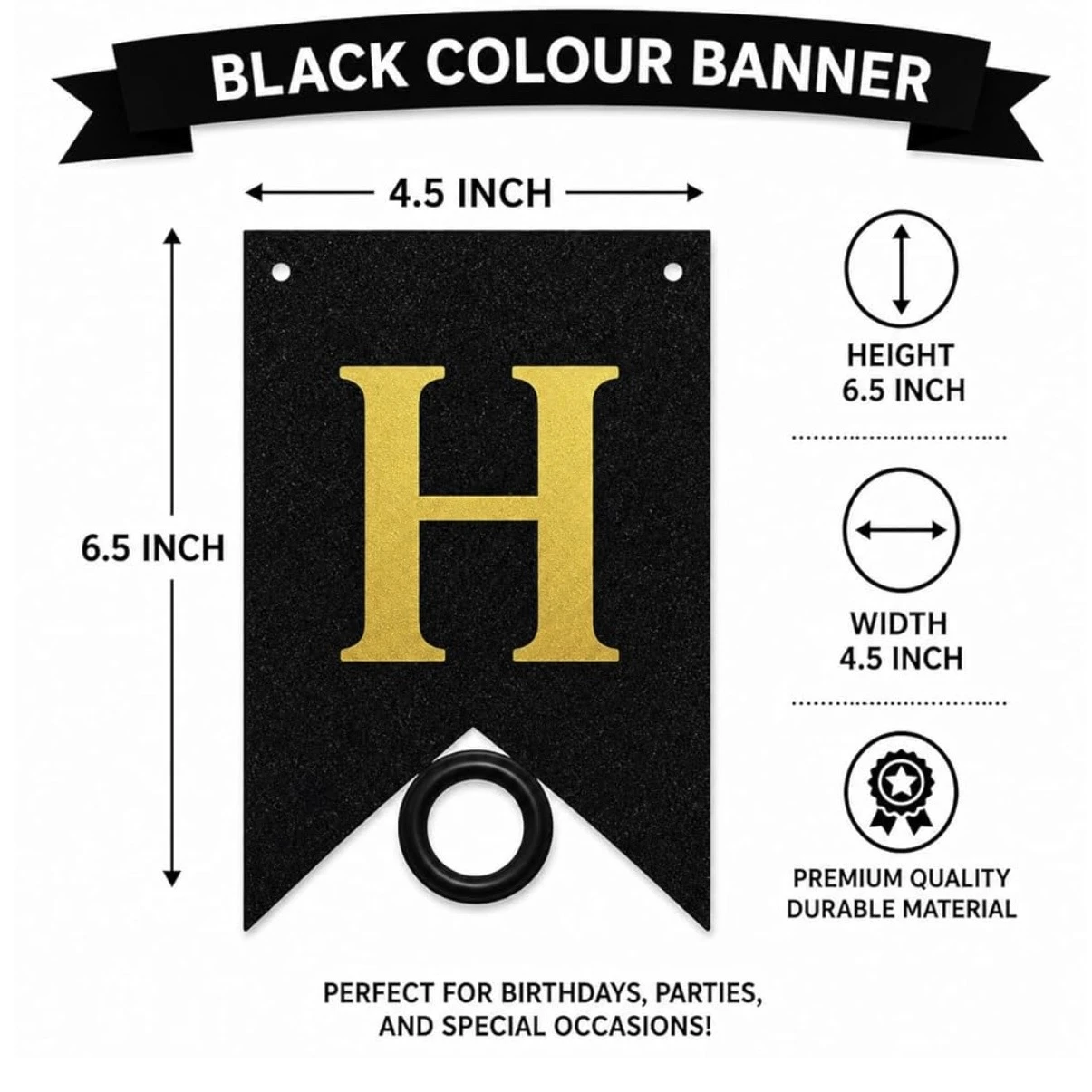 black and gold glitter "Happy Birthday" banner featuring pennant-style cards