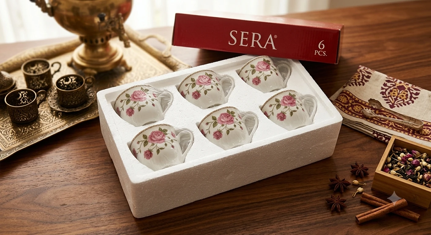 set of six Sera branded ceramic coffee mugs featuring a floral design.….IC85LY