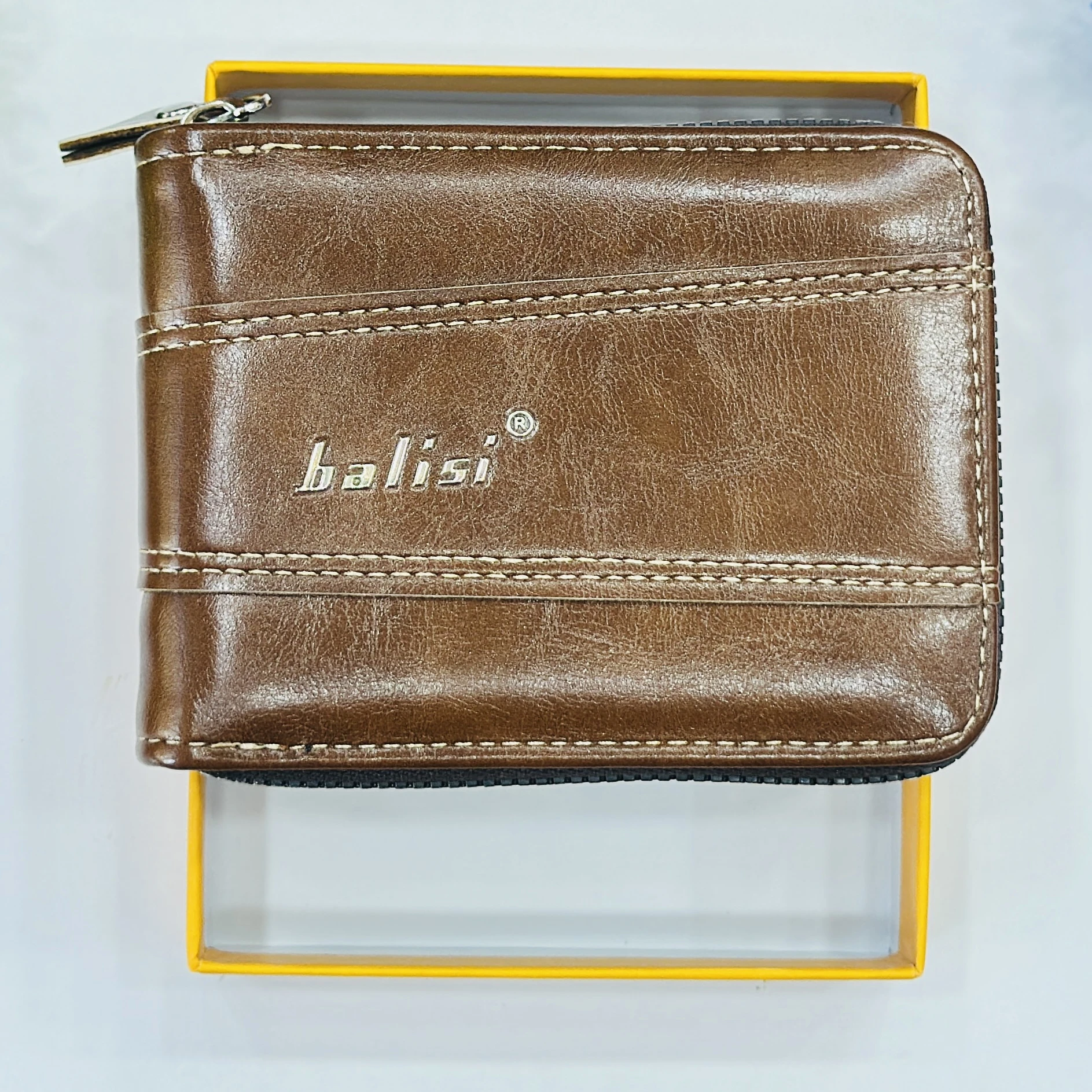 Balisi brand men's wallet is a brown zip-around PU leather wallet.