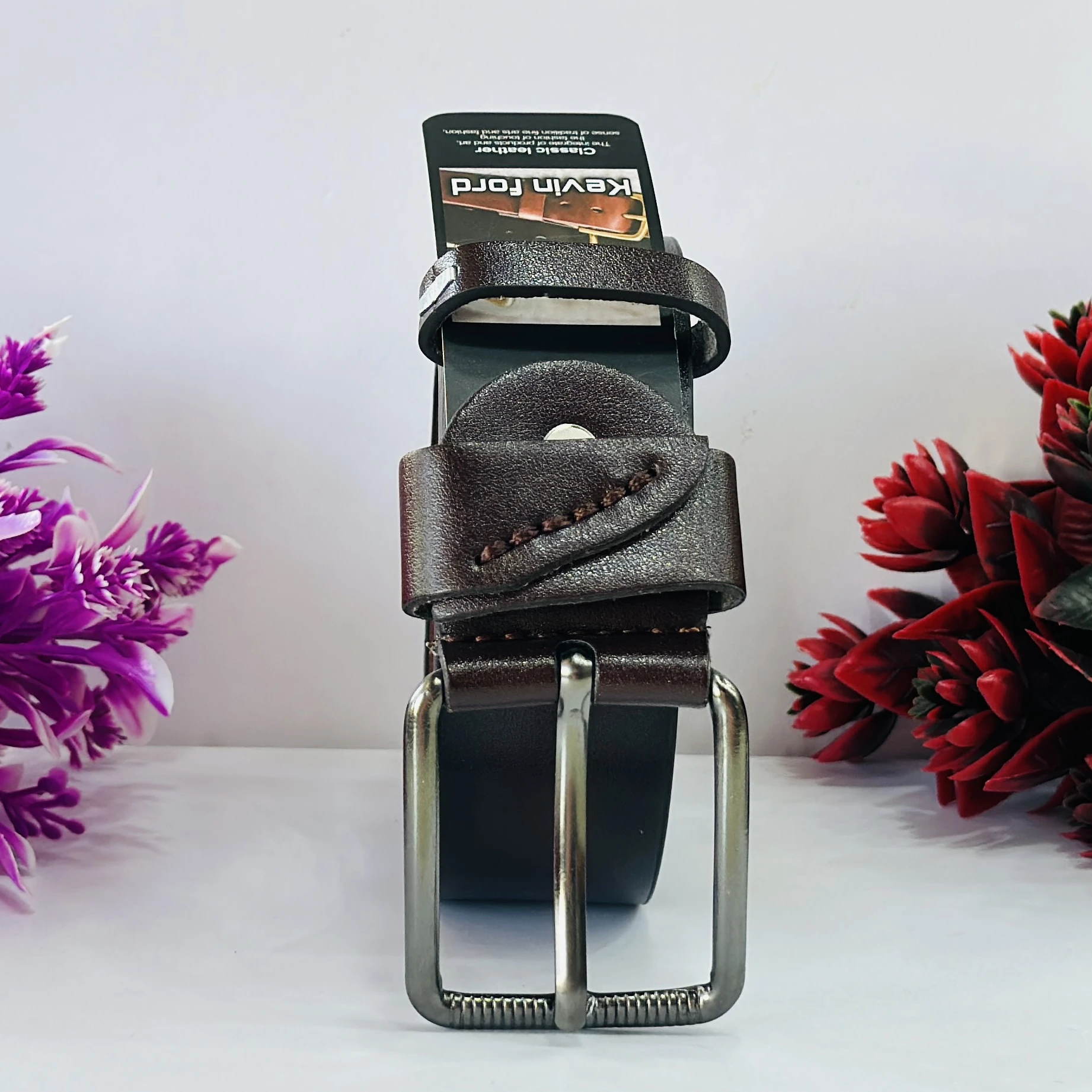 Brown leather men's belt