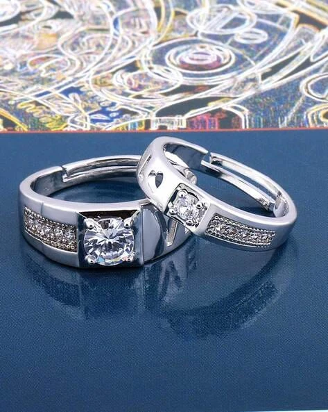 Vendsy Silver Plated Zirconia Studded Ring Set for Couples, featuring "LOVE" lettering on one band.