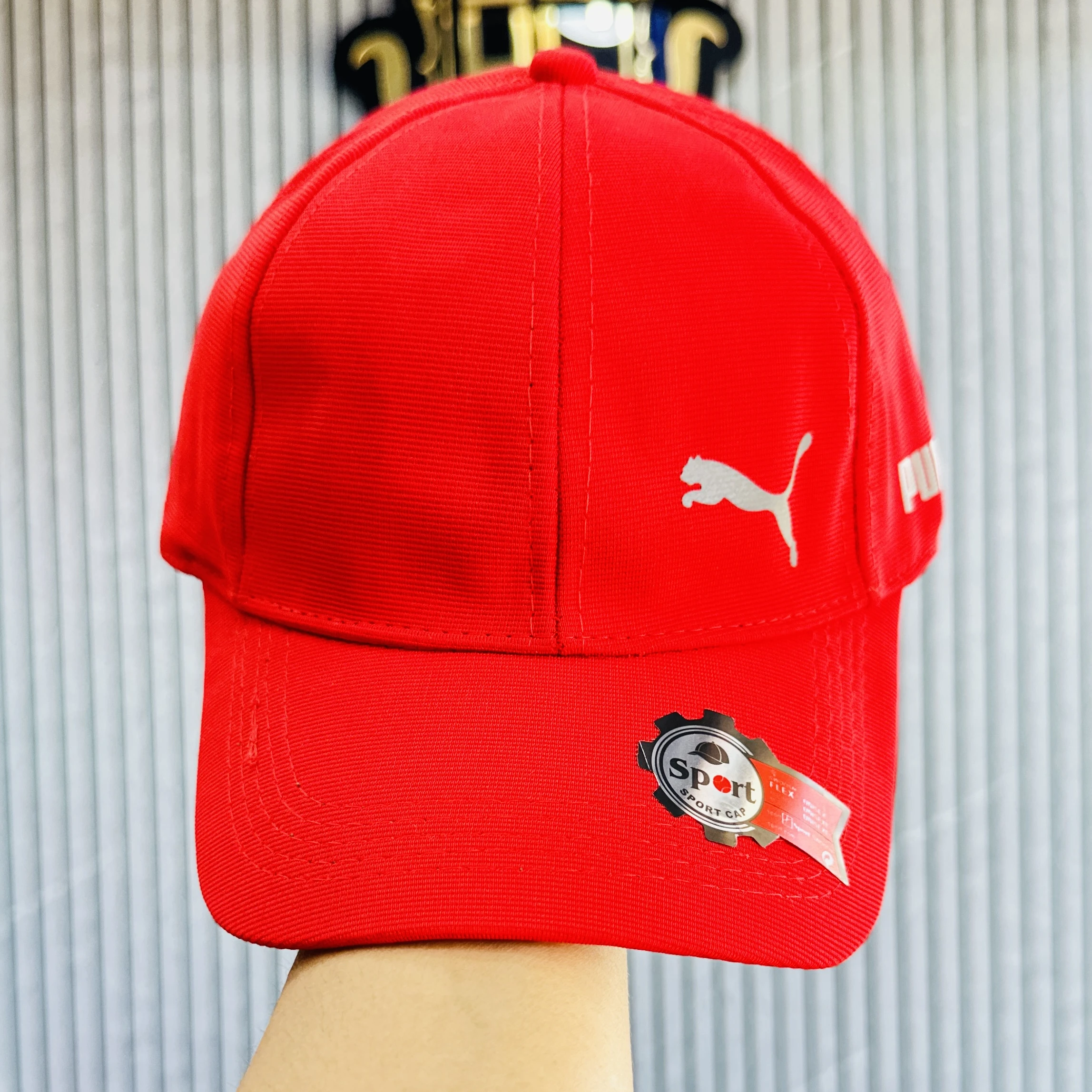 appears to be a red baseball-style cap