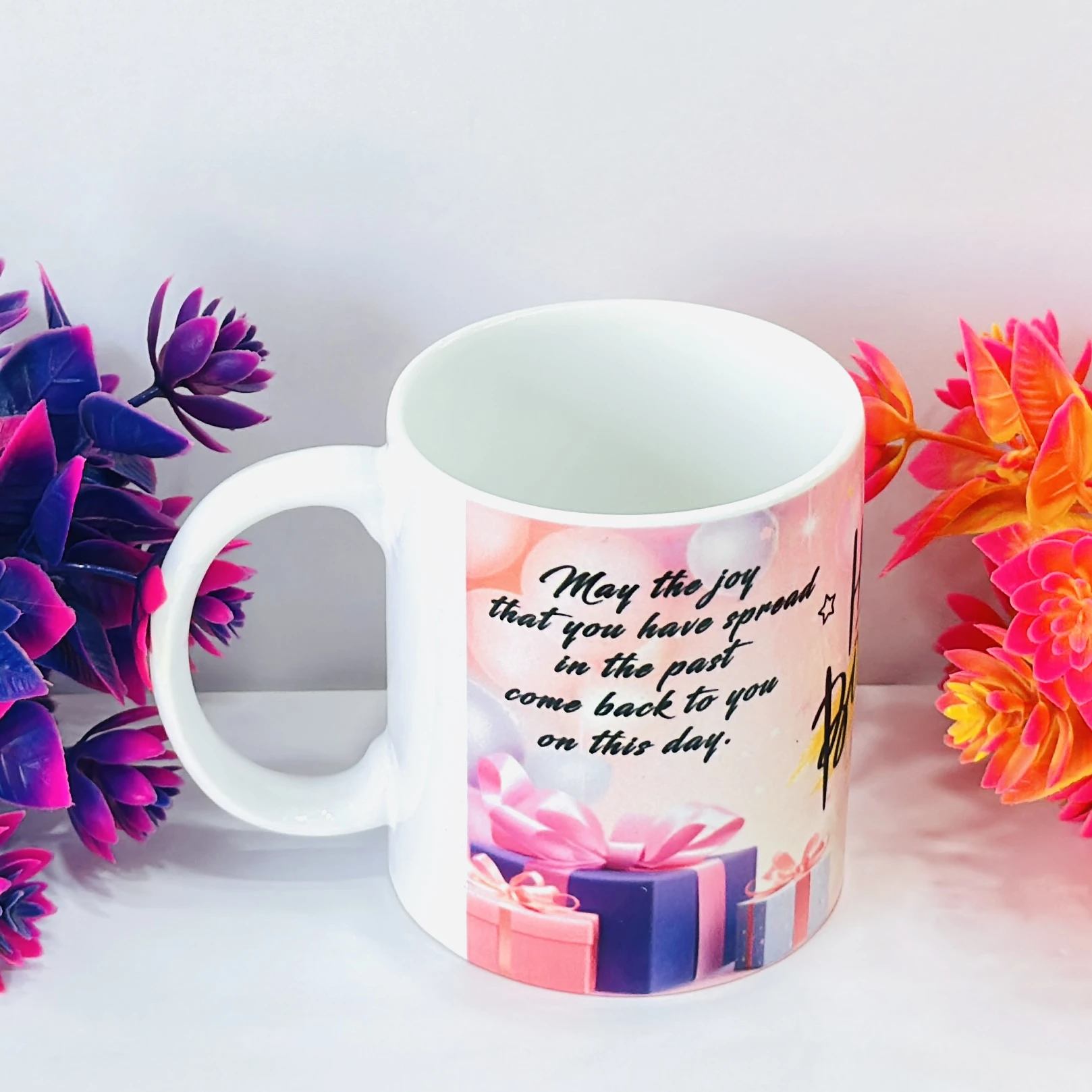 ceramic coffee mug with a "Happy Birthday" quote and gift box design. ….PC7RY3