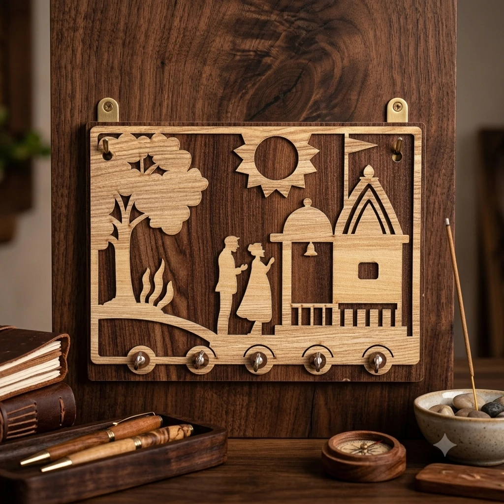 Wooden key holder with a decorative design(SKU-9XQ2BZ)