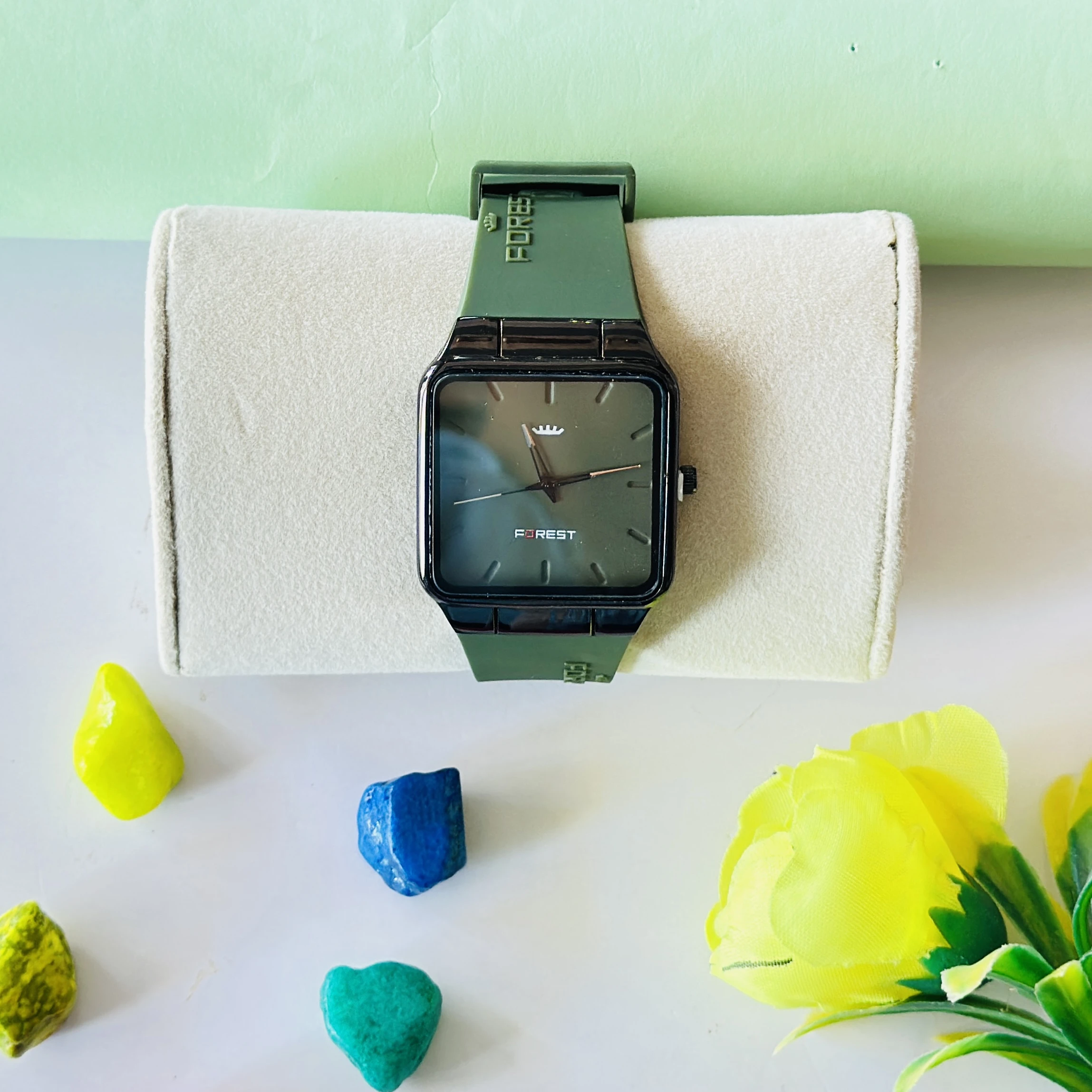 Forest FRT-917-BK analog watch for men features a square black dial and a matching green silicone strap.