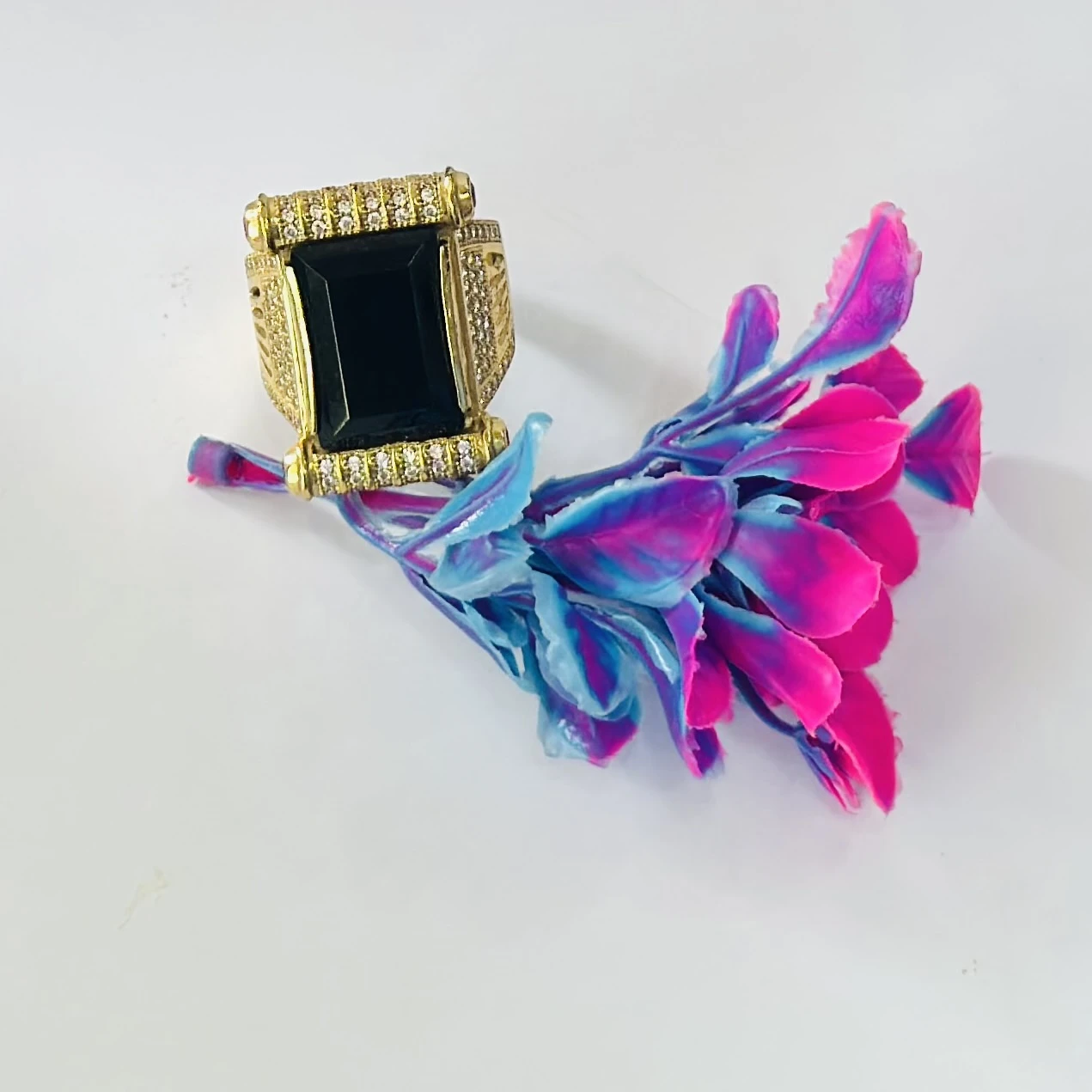 Freemen Black Big Stone With Diamond Golden Plated Ring