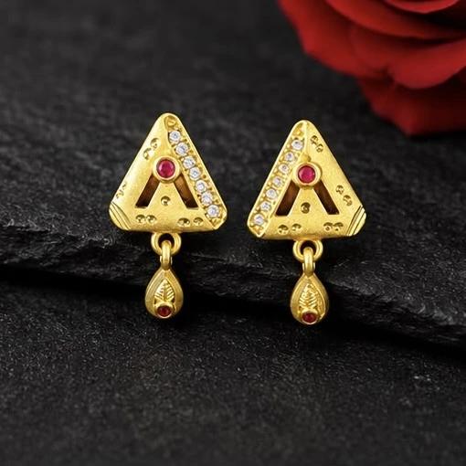 traditional Indian gold-plated drop earrings feature a triangular stud design