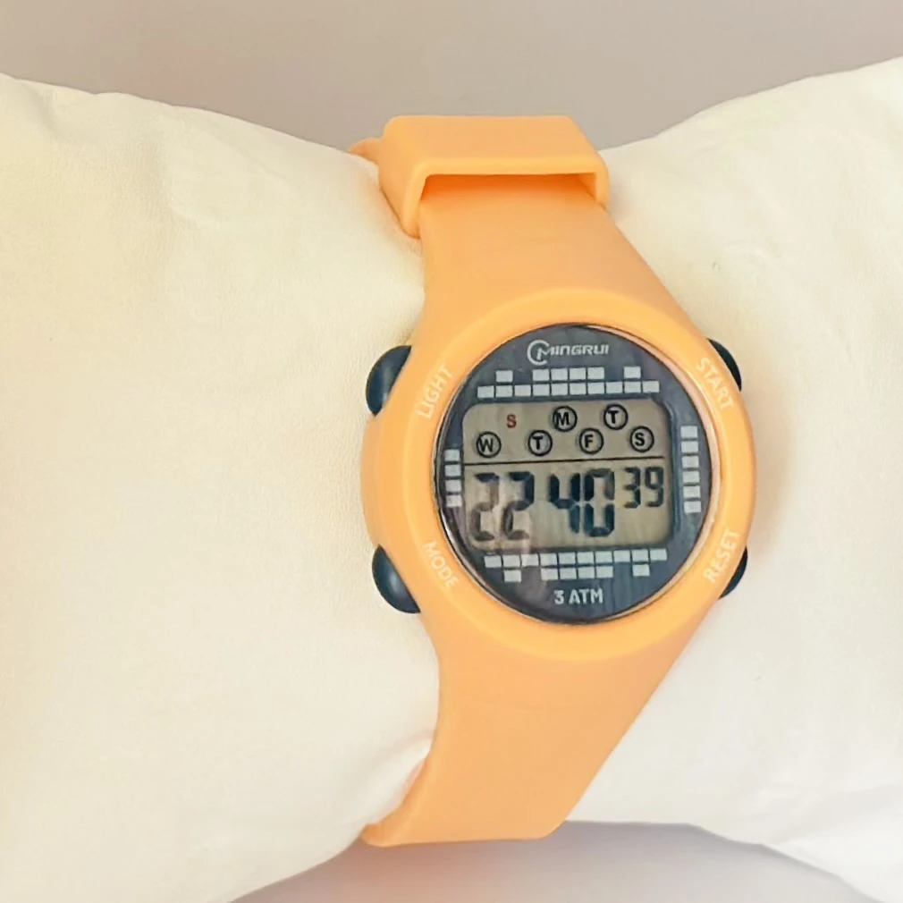 Mingrui digital multi-functional alarm watch with a silicone strap.