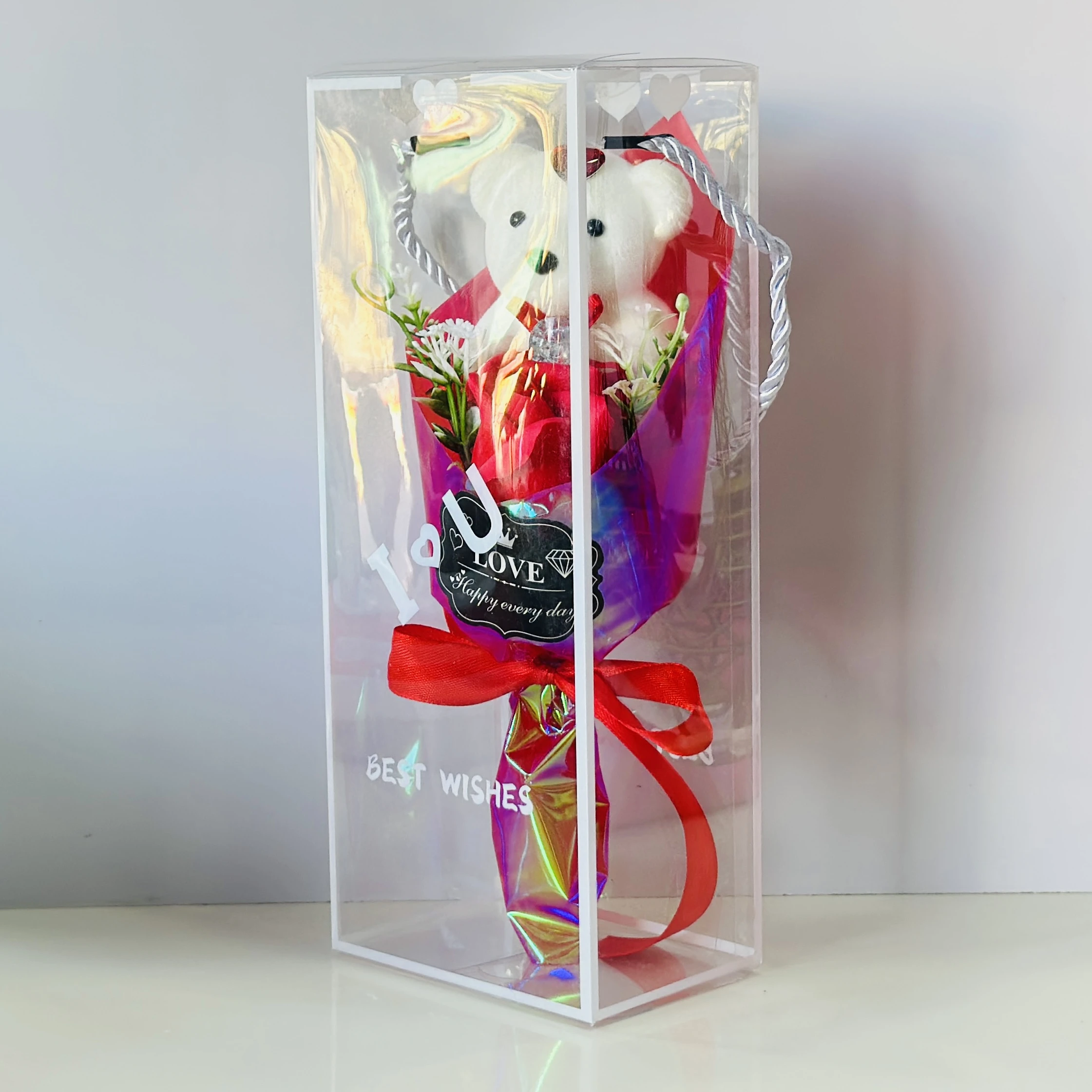 Rose love with cute bear and gift box