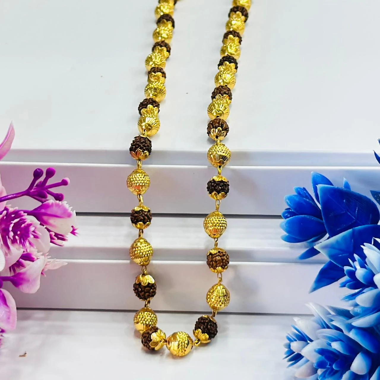 Golden Flower Brown Rudraksha Mala