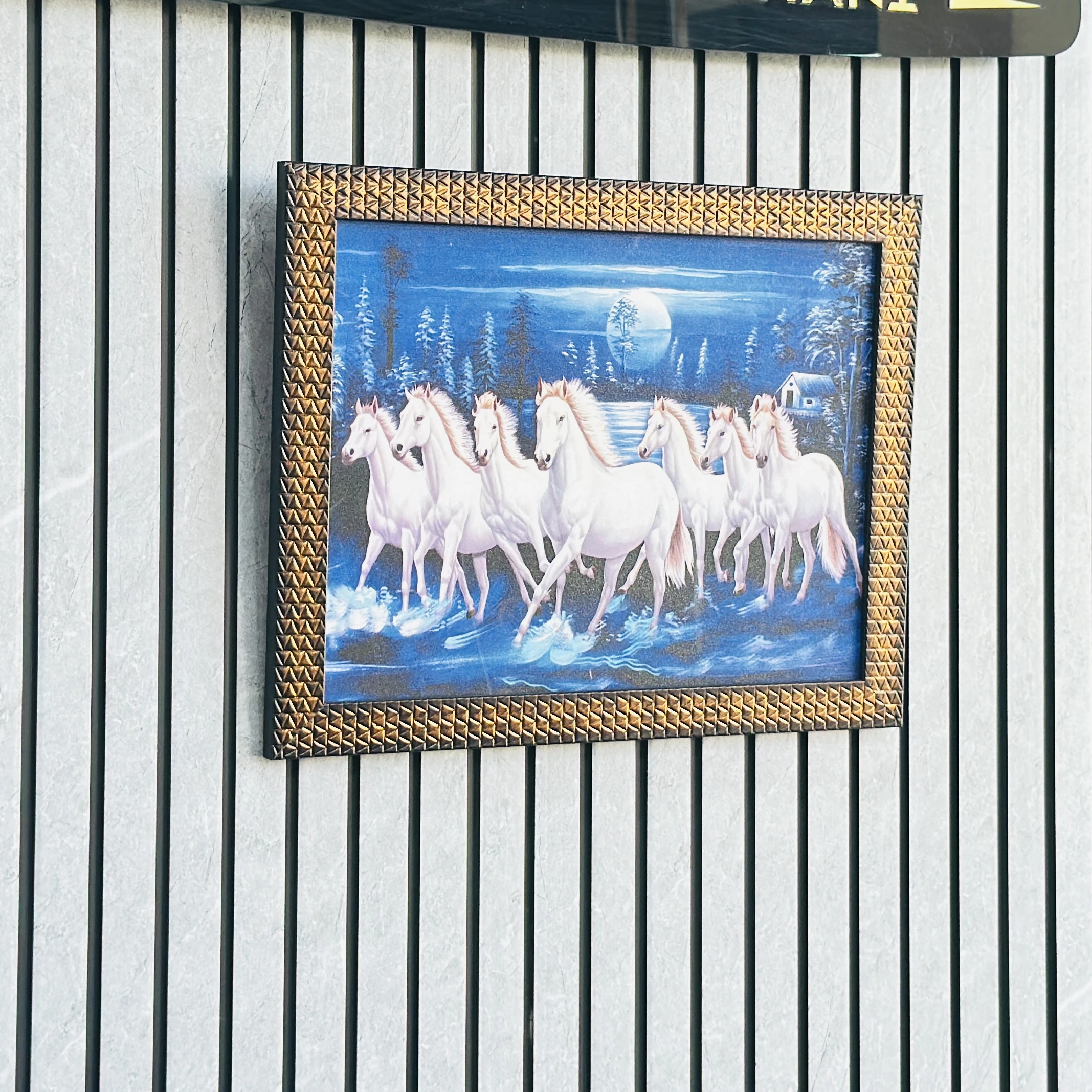 Seven White Running Horses Vastu framed wall art painting. HZOXPI