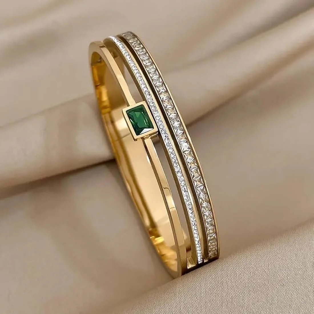 Gold plated stainless steel Emerald Zircon Double Row Bangle Bracelet.