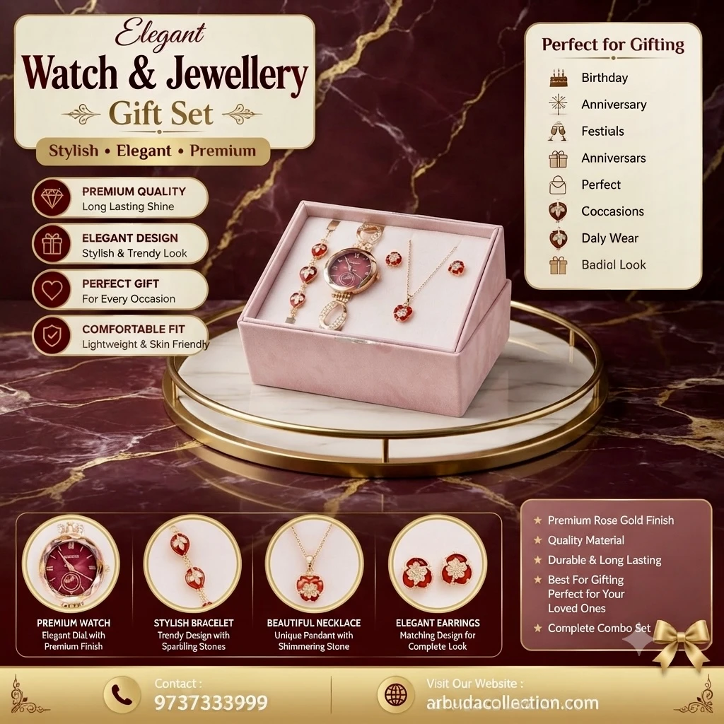 an elegant red-dial watch and matching jewelry gift set
