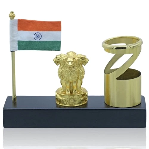 desk organizer features a golden Ashoka Stambha emblem alongside the Indian National Flag and a pen holder