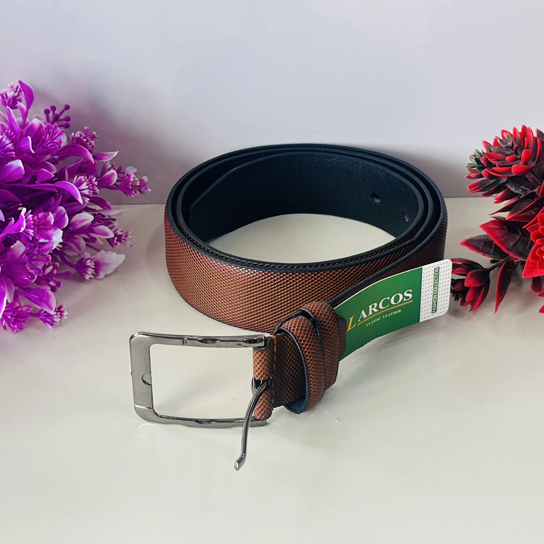 Brown textured leather belt