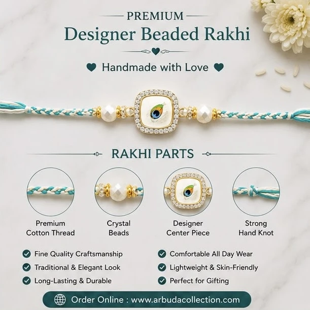 premium Rakhi features a square evil eye charm with a white pearl on each side and a light blue thread