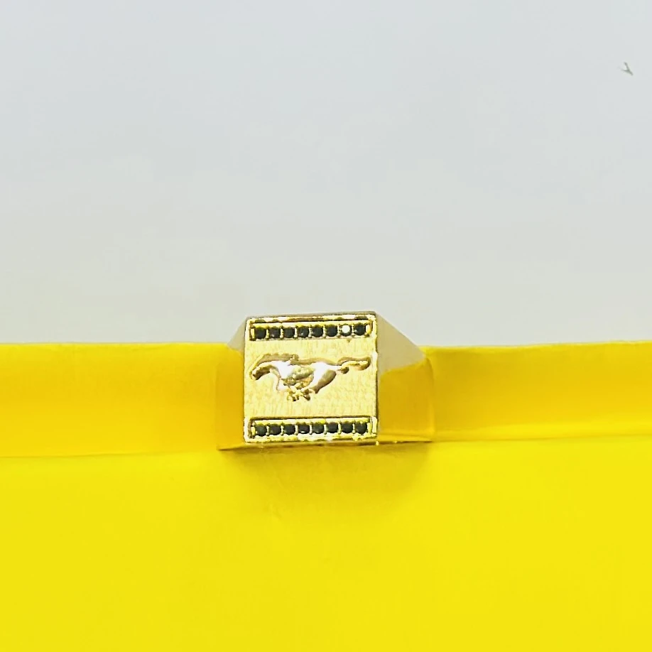 Gold colored Ford Mustang men's ring featuring the running horse logo.