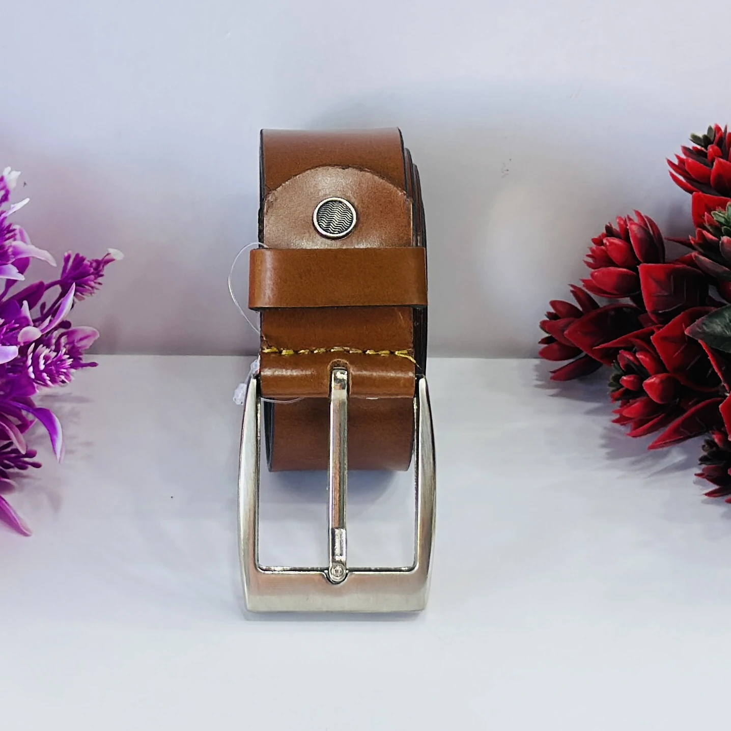 Brown textured leather belt