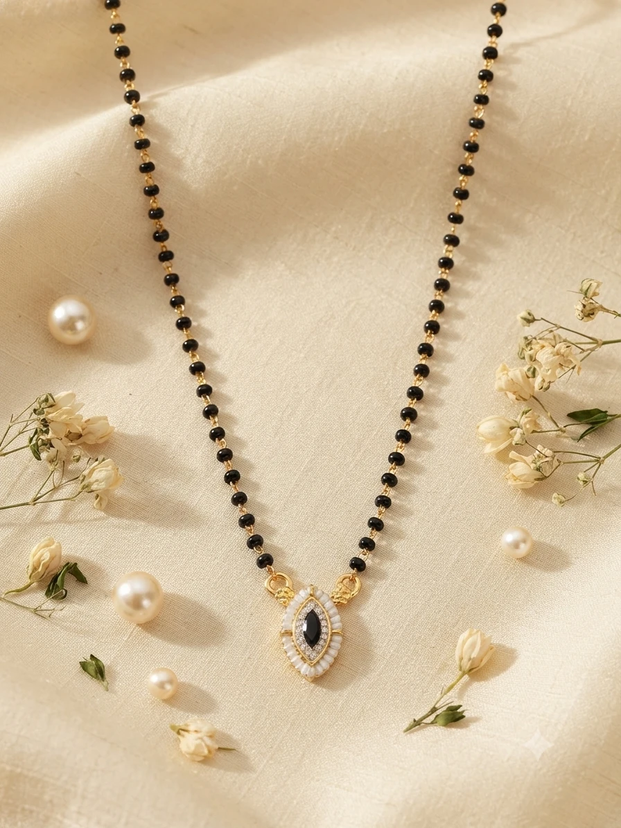 mangalsutra features a marquise-cut black stone