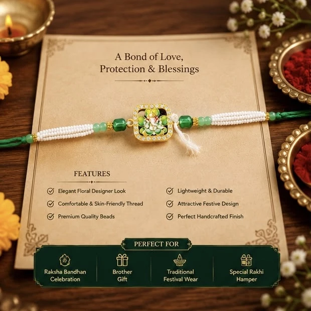 Rakhi features a square-shaped Ganesh motif center embellished with vibrant green enamel and small rhinestones.