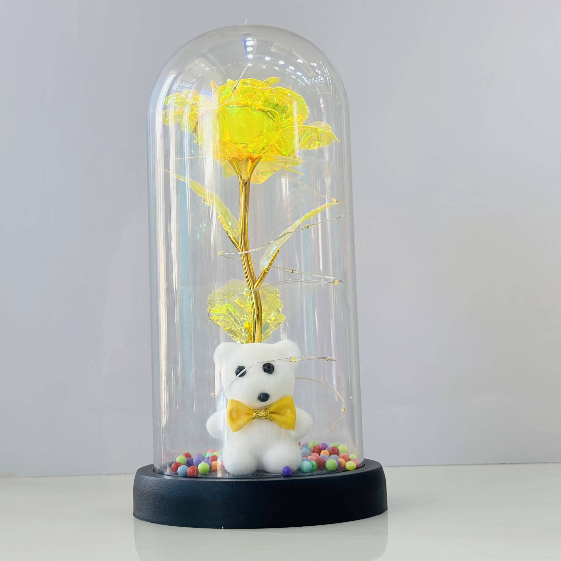 LED lamp featuring a teddy bear and a rose in a glass dome(SKU-HTQG55)