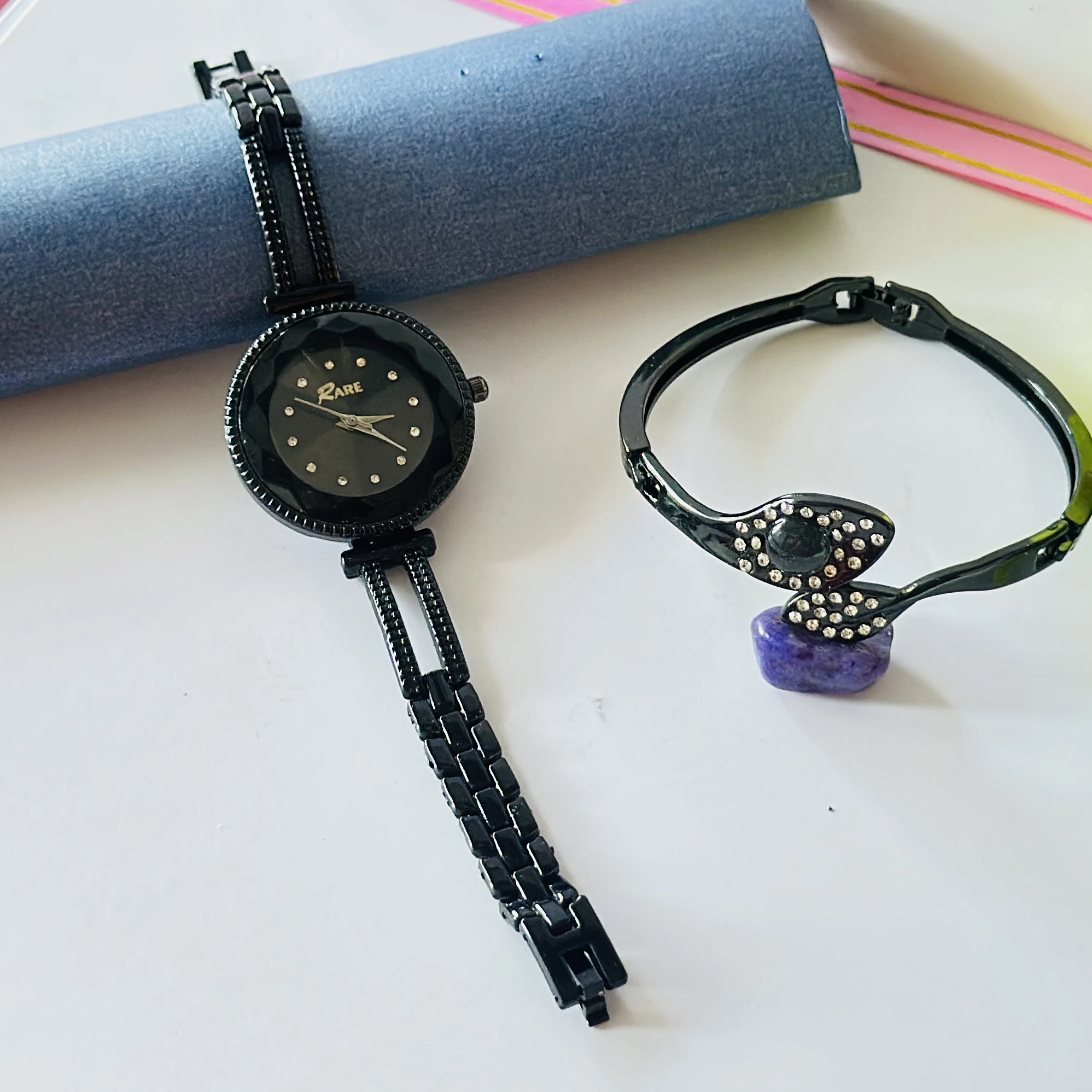 Black metal analog wristwatch and matching studded bracelet combo set