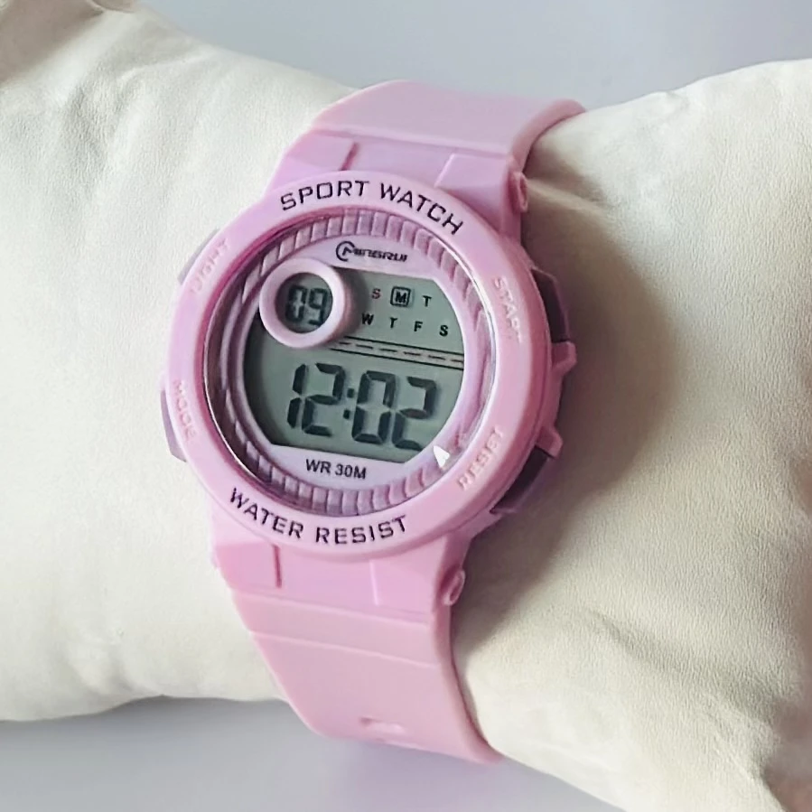 Mingrui 8212L Tennger Lady sport digital watch with a pink silicone strap.