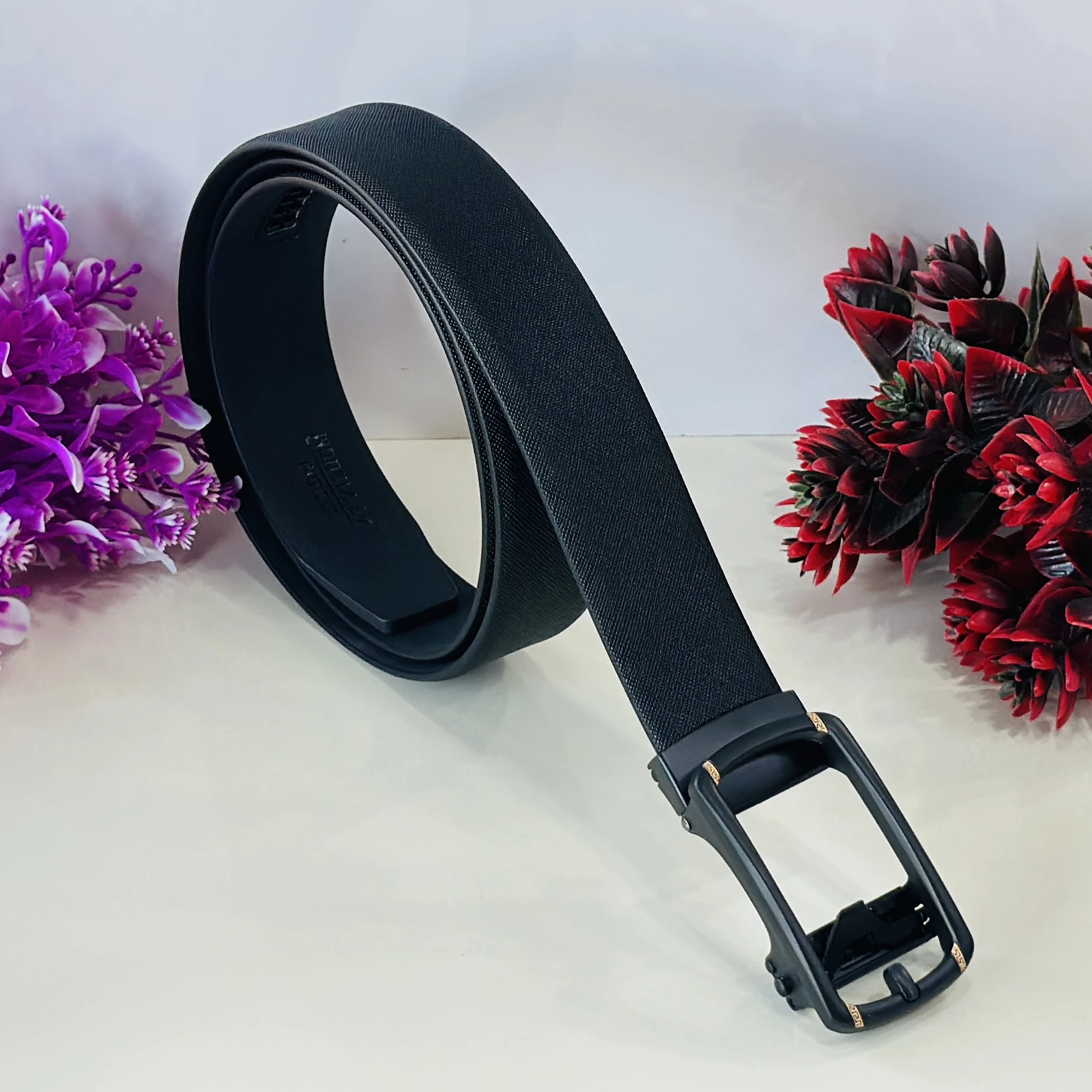 Black genuine leather formal belt for men