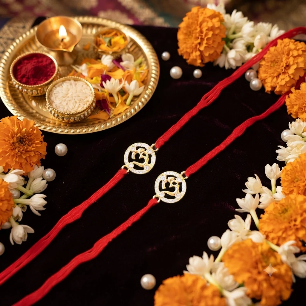 Silver Om-themed rakhis, featuring gold plating and stone studding.