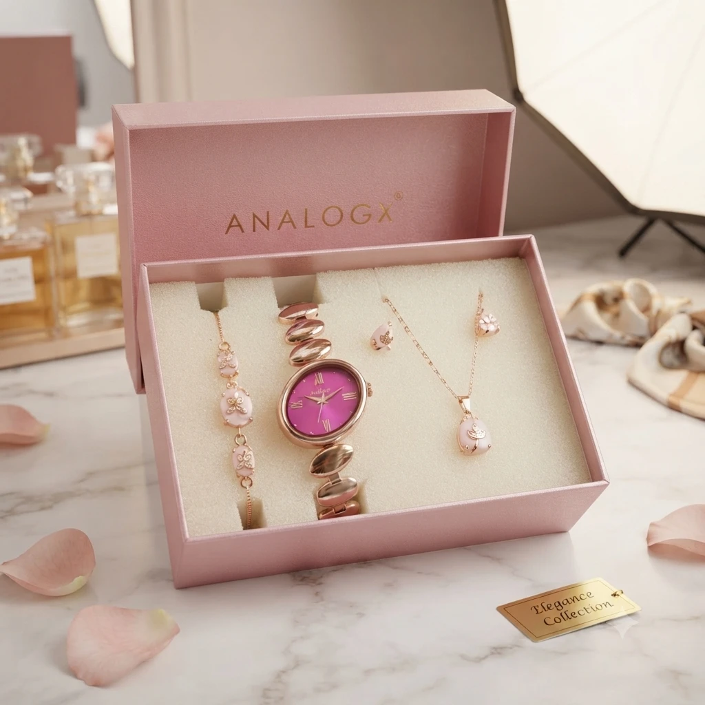 elegant Kayxn Celestique Edition Watch & Jewelry Set features a matching square burgundy-red dial and coordinating gemstone accessories
