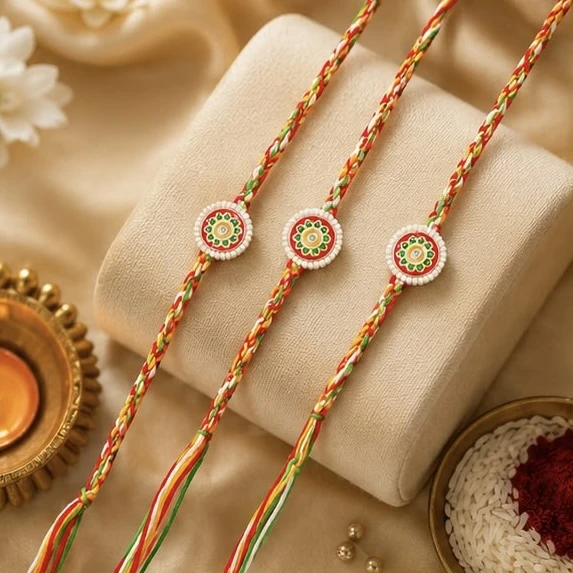 Meenakari Rakhis, featuring a set of three traditional multicolor threads.