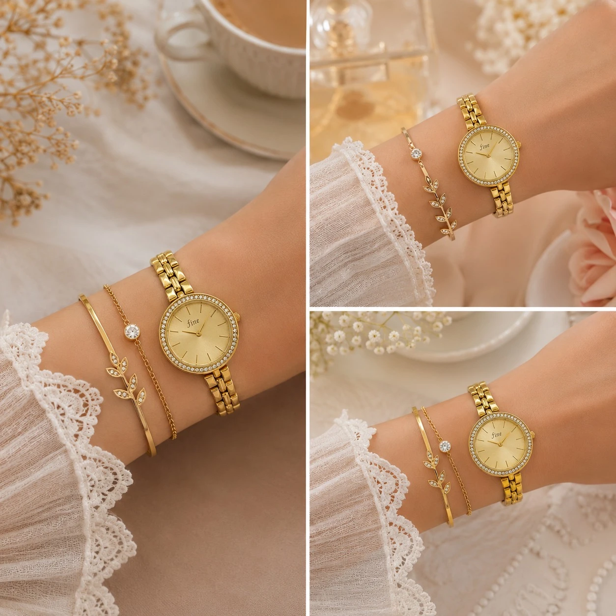 Gold tone women's analog wrist watch with a crystal-encrusted bezel and a metal link strap.