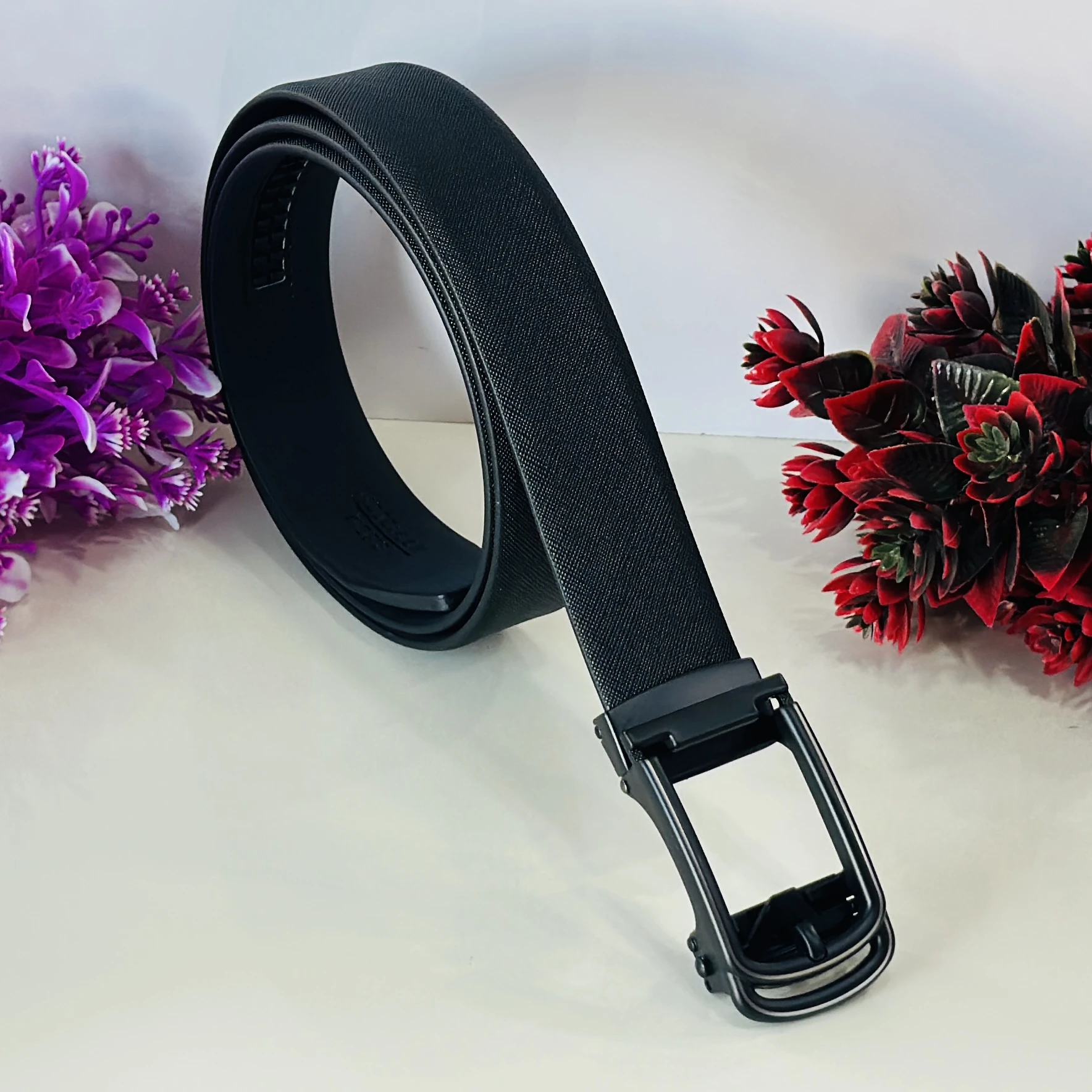 Black genuine leather formal belt for men