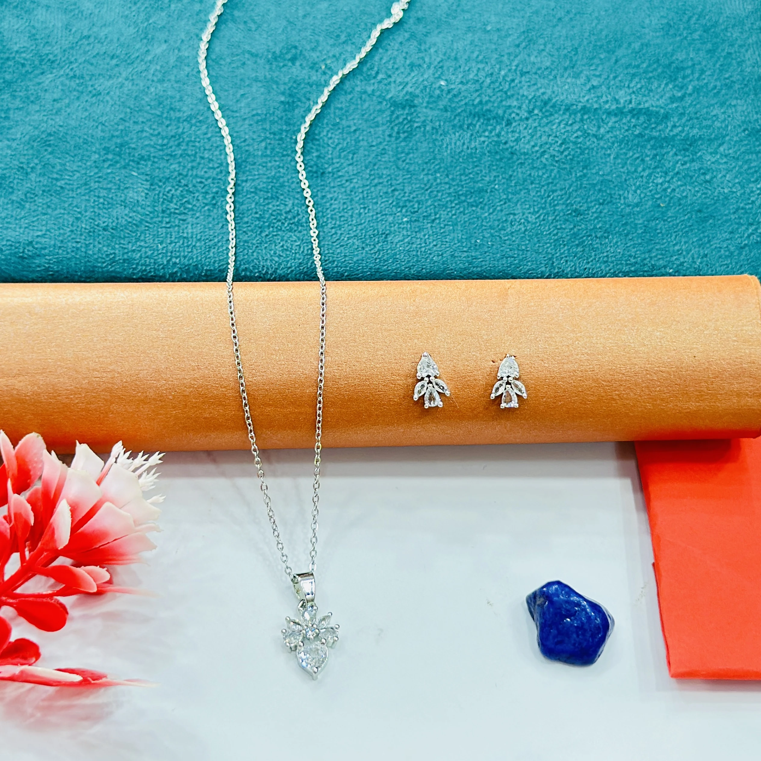 silver-plated floral pendant and earring set