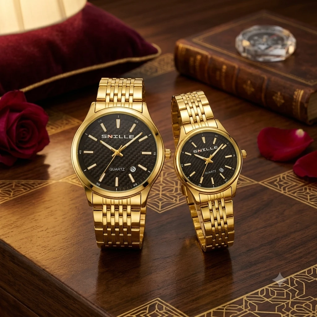 pair of Snille Date Series analog quartz watches for men and women with gold-tone link bracelets and black dials.