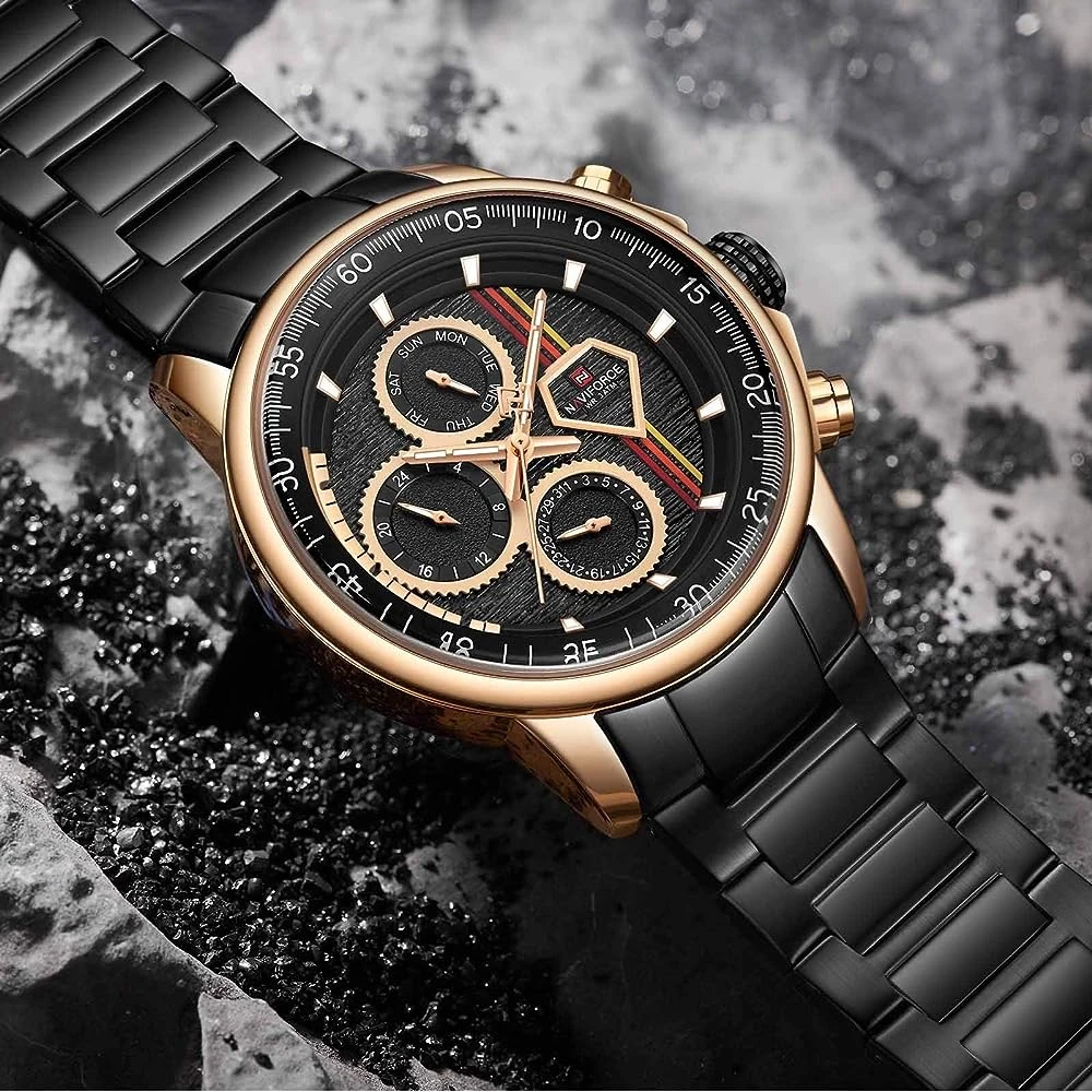 Men’s watch with a black dial and rose gold accents.