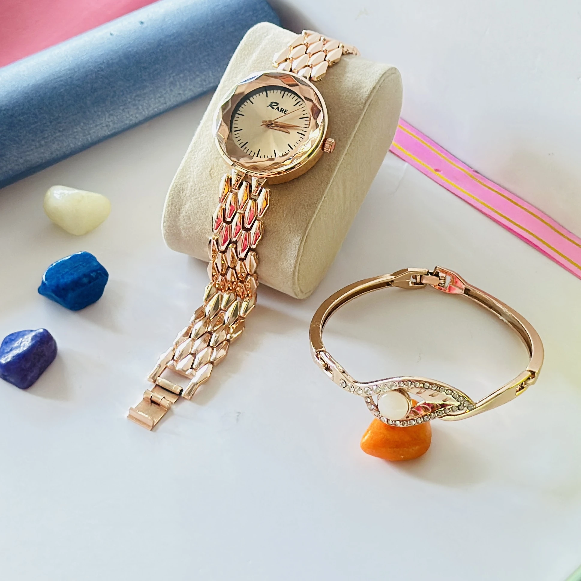 Rare branded rose gold analog watch and matching bracelet set