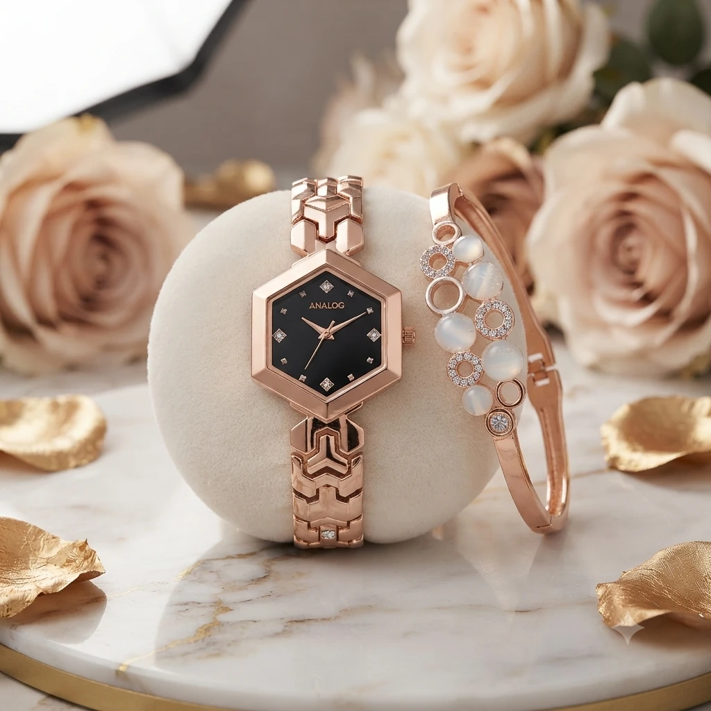 Analogx rose gold analog watch paired with a matching floral crystal-studded bracelet.