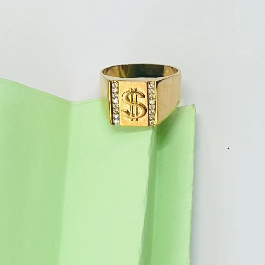 Men’s 14k gold dollar sign ring with side stones.