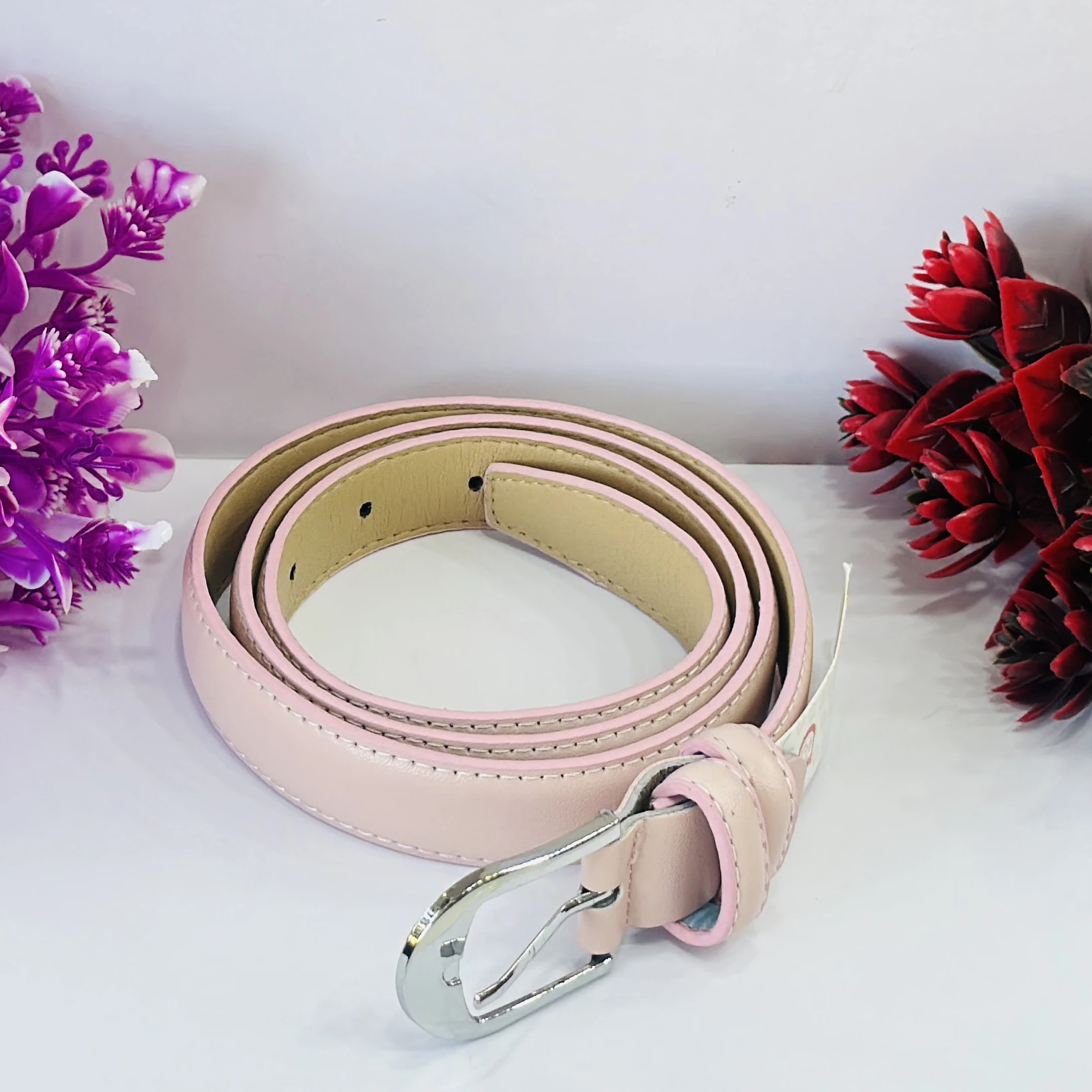 women's pink artificial leather belt