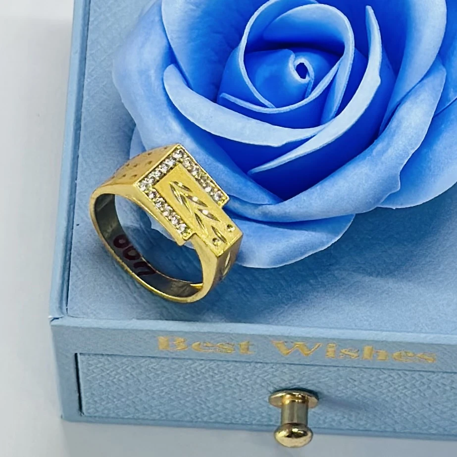1 gram gold-plated men's ring with a rectangular face and side stone accents