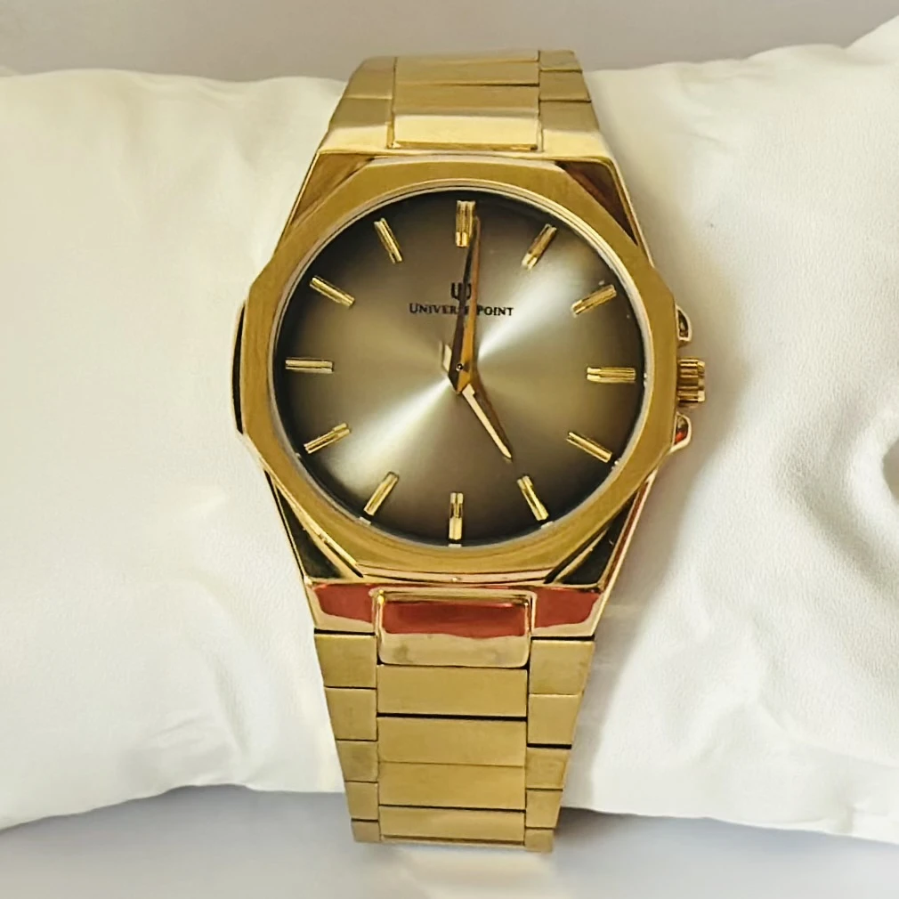 Analog Watch with a golden dial and stainless steel strap