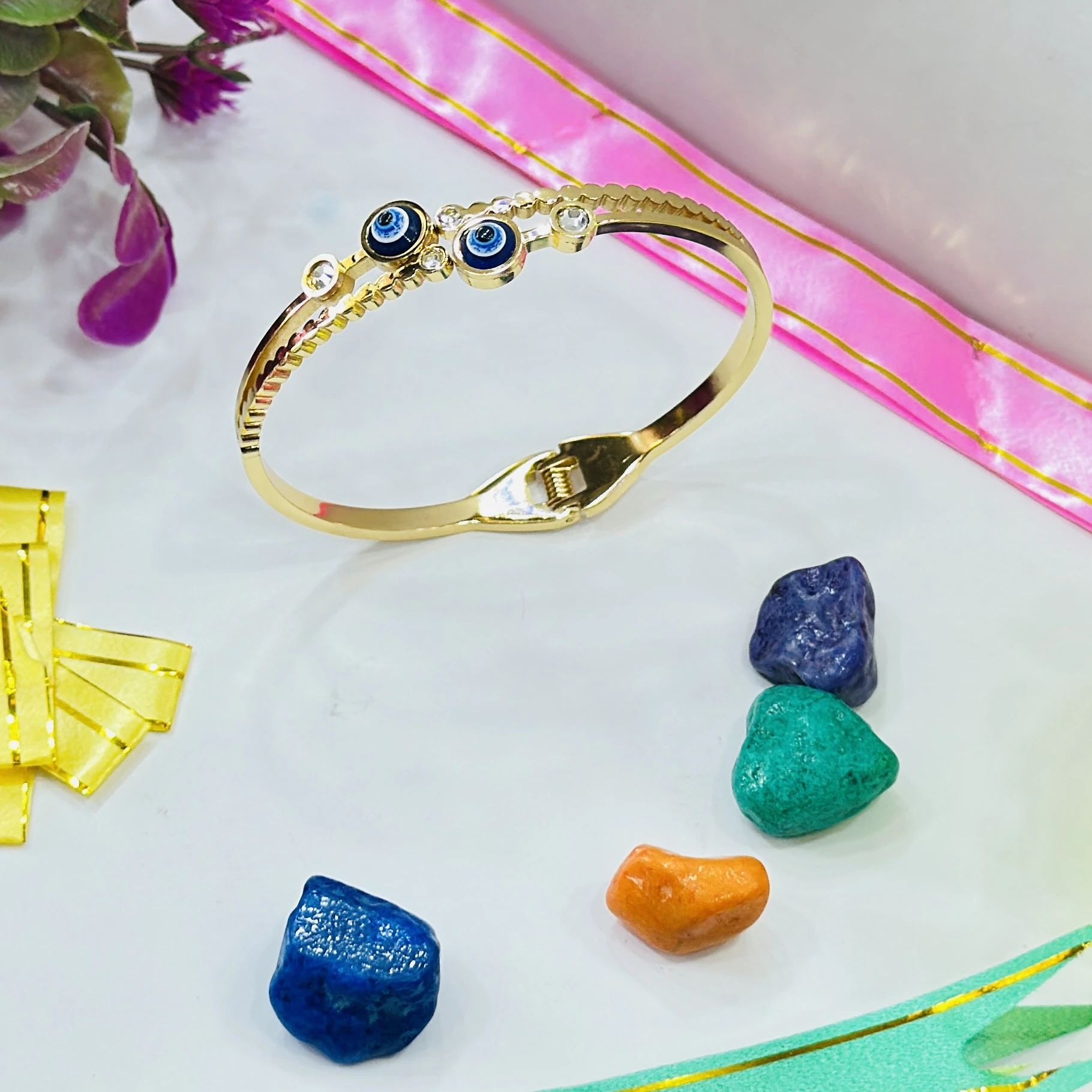 Gold plated, openable stainless steel cuff bangle bracelet
